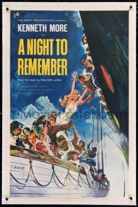 3p260 NIGHT TO REMEMBER linen 1sh '59 English Titanic biography, John Floherty Jr. art of tragedy!