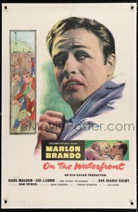 3p269 ON THE WATERFRONT linen 1sh '54 directed by Elia Kazan, classic close up of Marlon Brando!