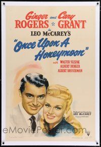 3p270 ONCE UPON A HONEYMOON linen 1sh '42 wonderful smiling portrait of Ginger Rogers & Cary Grant!