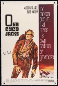 3p271 ONE EYED JACKS linen 1sh '61 great art of star & director Marlon Brando with gun & bandolier!