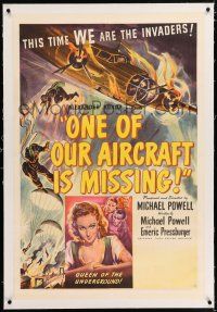 3p272 ONE OF OUR AIRCRAFT IS MISSING linen 1sh '42 Powell & Pressburger, cool bomber airplane art!