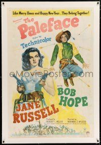 3p281 PALEFACE linen 1sh '48 art of sexy Jane Russell with pistols & Bob Hope being shot at!
