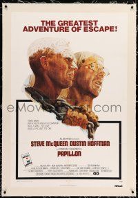 3p283 PAPILLON linen 1sh '74 art of prisoners Steve McQueen & Dustin Hoffman by Tom Jung!