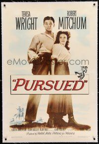 3p303 PURSUED linen 1sh '47 great full-length image of Robert Mitchum & Teresa Wright!
