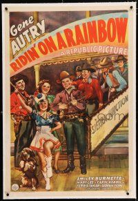 3p313 RIDIN' ON A RAINBOW linen 1sh '41 art of Gene Autry with guitar, Smiley Burnette & Mary Lee!