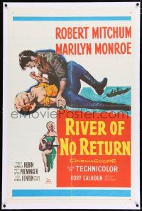 3p315 RIVER OF NO RETURN linen 1sh R61 great art of Robert Mitchum holding down sexy Marilyn Monroe!