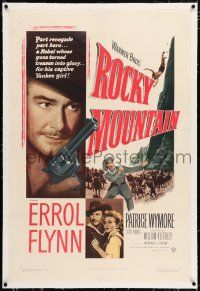 3p319 ROCKY MOUNTAIN linen 1sh '50 great close up of part renegade part hero Errol Flynn with gun!