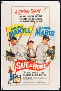 3p325 SAFE AT HOME linen 1sh '62 Mickey Mantle, Roger Maris, New York Yankees baseball, grand slam!