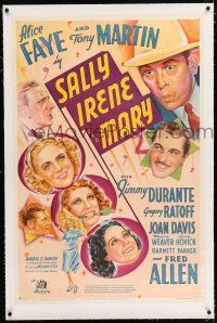 3p326 SALLY, IRENE & MARY linen style A 1sh '38 stone litho of Alice Faye, Jimmy Durante & Allen!