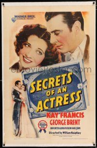 3p332 SECRETS OF AN ACTRESS linen 1sh '38 George Brent helps sexy Kay Francis succeed on Broadway!