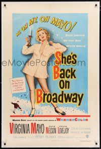 3p337 SHE'S BACK ON BROADWAY linen 1sh '53 full-length sexy Virginia Mayo in skimpy outfit!