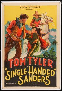 3p344 SINGLE-HANDED SANDERS linen 1sh R30s cool stone litho of cowboy Tom Tyler on horse & in brawl