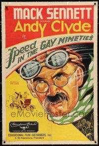 3p359 SPEED IN THE GAY NINETIES linen 1sh '32 wonderful artwork of race car driver Andy Clyde!