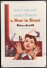3p366 STAR IS BORN linen 1sh '54 great close up art of Judy Garland, James Mason, Cukor classic!