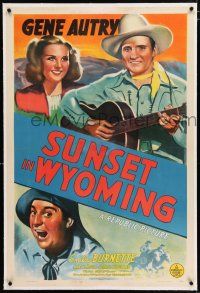 3p377 SUNSET IN WYOMING linen 1sh '41 singing cowboy Gene Autry with guitar & Smiley Burnette!
