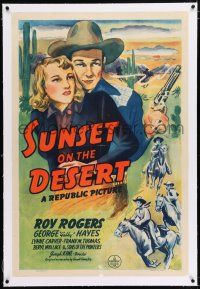3p378 SUNSET ON THE DESERT linen 1sh '42 great artwork of cowboy Roy Rogers with smoking gun & gal!