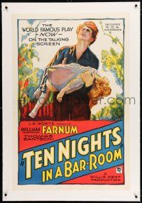 3p385 TEN NIGHTS IN A BARROOM linen style B 1sh '31 stone litho art of Farnum carrying little girl!
