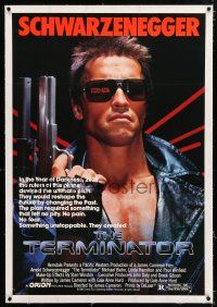 3p391 TERMINATOR linen 1sh '84 close up of classic cyborg Arnold Schwarzenegger with gun!