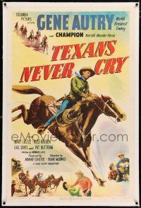 3p392 TEXANS NEVER CRY linen 1sh '51 great art of cowboy Gene Autry on Champion the Wonder Horse!