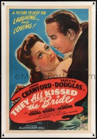 3p395 THEY ALL KISSED THE BRIDE linen style B 1sh '42 Joan Crawford, Melvyn Douglas & Roland Young!