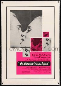 3p398 THOMAS CROWN AFFAIR linen 1sh '68 best kiss close up of Steve McQueen & sexy Faye Dunaway!