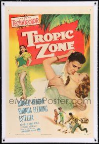 3p414 TROPIC ZONE linen 1sh '53 art of Ronald Reagan romancing Rhonda Fleming + sexy Estelita!