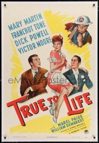 3p416 TRUE TO LIFE linen 1sh '43 art of sexy redhead Mary Martin, Dick Powell & Franchot Tone!
