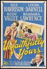 3p424 UNFAITHFULLY YOURS linen 1sh '48 Sturges, stone litho of sexy Linda Darnell & Rex Harrison!