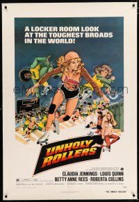 3p425 UNHOLY ROLLERS linen 1sh '72 art of sexy roller skating Claudia Jennings, toughest broads!