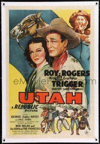 3p427 UTAH linen 1sh '45 art of Roy Rogers, Trigger, Dale Evans, Gabby Hayes & Sons of the Pioneers!