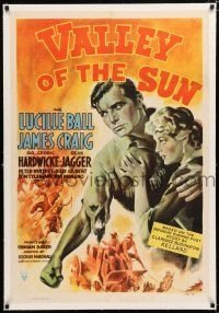 3p430 VALLEY OF THE SUN linen 1sh '42 art of Lucille Ball holding onto tough cowboy James Craig!