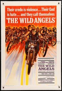 3p445 WILD ANGELS linen 1sh '66 classic art of biker Peter Fonda & sexy Nancy Sinatra on motorcycle!