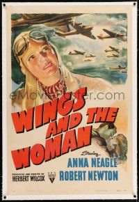 3p447 WINGS & THE WOMAN linen 1sh '42 art of Anna Neagle playing Amy Johnson, famous female aviator!