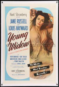 3p458 YOUNG WIDOW linen 1sh '46 art of world's most exciting sexy brunette Jane Russell!