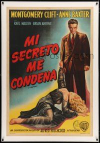 3r281 I CONFESS linen Argentinean '53 art of Montgomery Clift standing over Anne Baxter, Hitchcock!