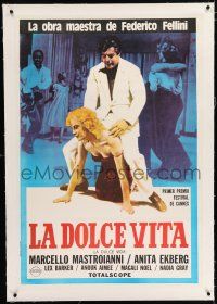 3r285 LA DOLCE VITA linen Argentinean R80s Fellini, image of Mastroianni astride Franca Pasut!
