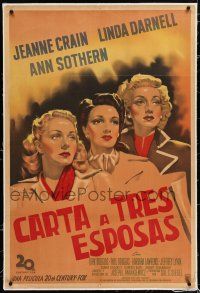 3r286 LETTER TO THREE WIVES linen Argentinean '49 Gargiulo art of Jeanne Crain, Darnell & Sothern!