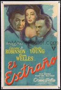 3r297 STRANGER linen Argentinean '46 c/u art of Orson Welles, Edward G. Robinson & Loretta Young!