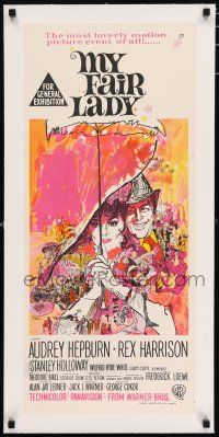 3r147 MY FAIR LADY linen Aust daybill '64 art of Audrey Hepburn & Rex Harrison by Bob Peak!