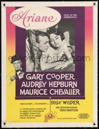 3r091 LOVE IN THE AFTERNOON linen Danish '58 Gary Cooper, sexy Audrey Hepburn, Maurice Chevalier