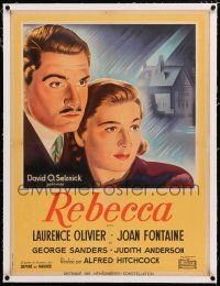 3r200 REBECCA linen French 24x32 '47 Hitchcock, different art of Laurence Olivier & Joan Fontaine!