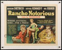 3r023 RANCHO NOTORIOUS linen style B 1/2sh '52 Fritz Lang, art of Marlene Dietrich showing her legs!