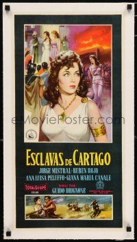 3r341 SWORD & THE CROSS linen Spanish 13x24 1957 art of Gianna Maria Canale & girl tied to stake!