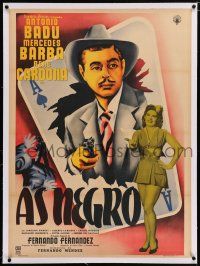 3r080 AS NEGRO linen Mexican poster '54 cool art of Antonio Badu bursting out from ace of spades!