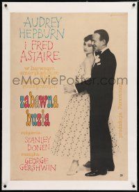 3r094 FUNNY FACE linen Polish 23x33 '62 Audrey Hepburn & Fred Astaire, art by Janiszewski!