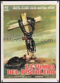 3r165 TOMB OF THE PISTOLERO linen Spanish '64 cool Jano art of gunbelt hanging on grave cross!