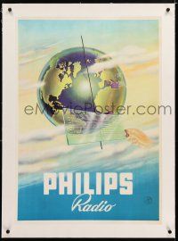 3r053 PHILIPS linen 23x32 advertising poster '49 cool art of hand tuning radio over Earth!