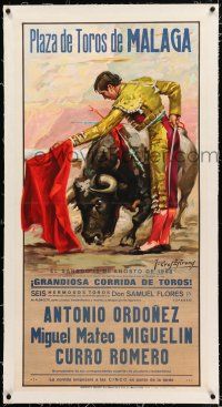 3r045 PLAZA DE TOROS DE MALAGA linen 21x42 Spanish bullfight poster '68 Jose Cros Estrems art!