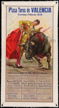 3r046 PLAZA TOROS DE VALENCIA linen 22x42 Spanish bullfight poster '70 Jose Cros Estrems art!