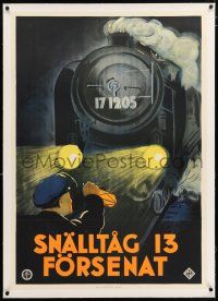 3r109 EXPRESS 13 linen Swedish '31 cool art of man standing in front of train on railroad tracks!